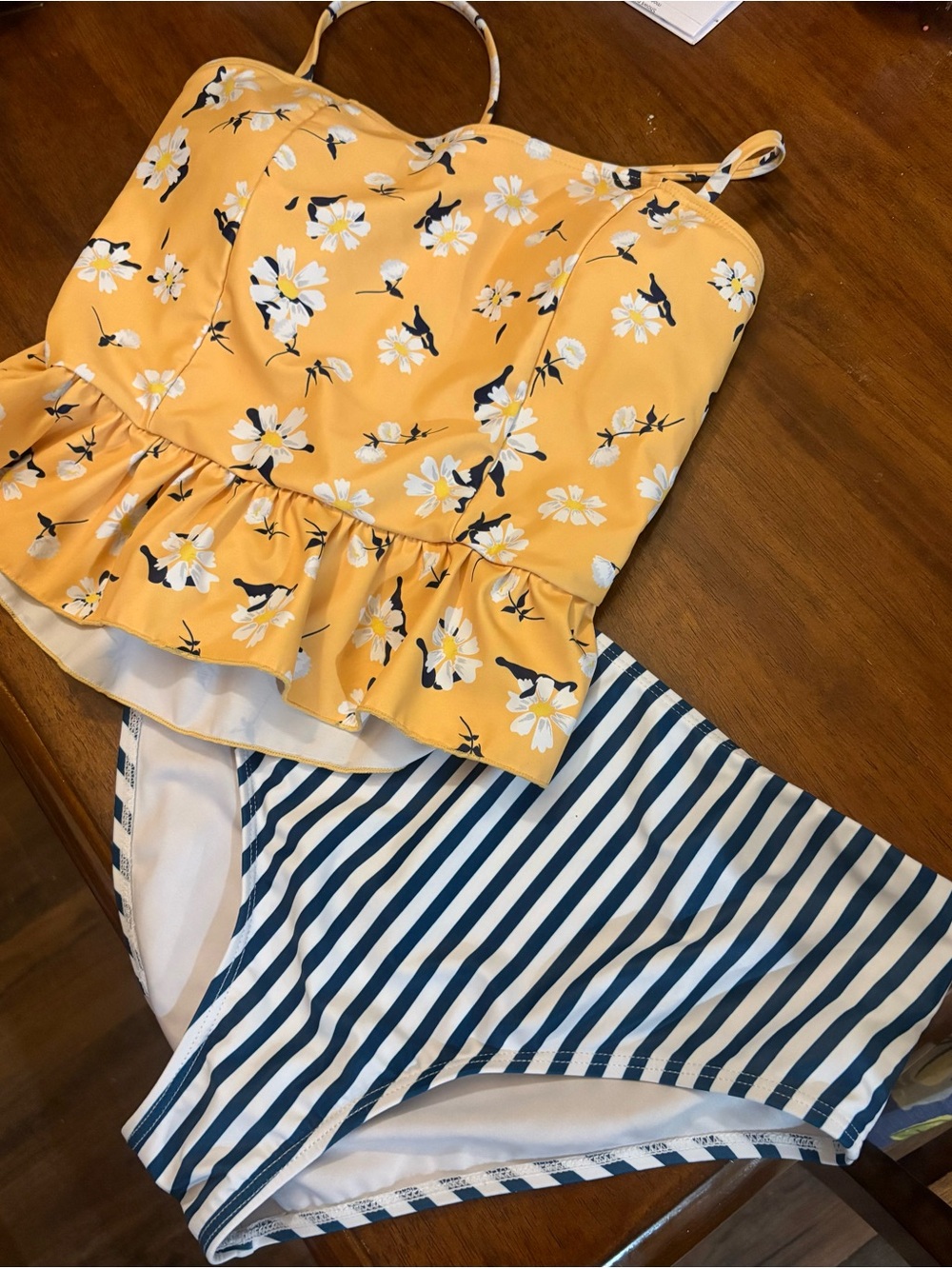 Yellow Floral Ruffle Tankini Top with Navy Stripe Bottoms